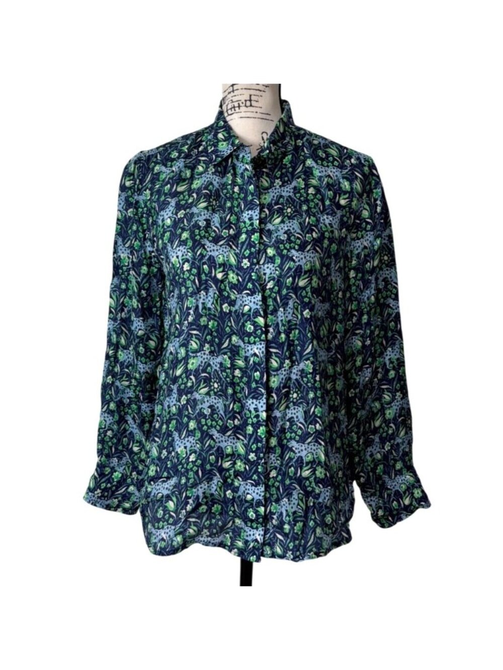 J. Crew Womens Size 8 Classic-fit Shirt Fauna Floral Button-Up Top Blue Leopard - Picture 2 of 8